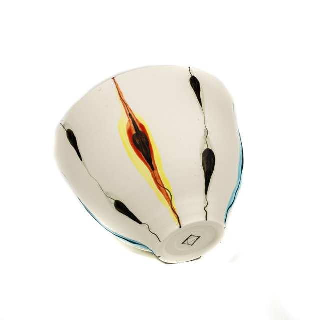 Porcelain'Tulips' bowl in blue, yellow, red and black; glazed internally; 10.5 x 14 cm