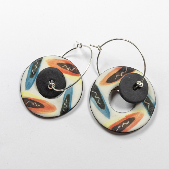 Porcelain and silver 2 piece 'Tulips' earrings with silver bead in red, blue and black; 3 x 3 cm