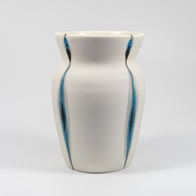 Porcelain 'Tulips' vase in blue, grey and black; glazed internally; 15.5 x 10.5 cm