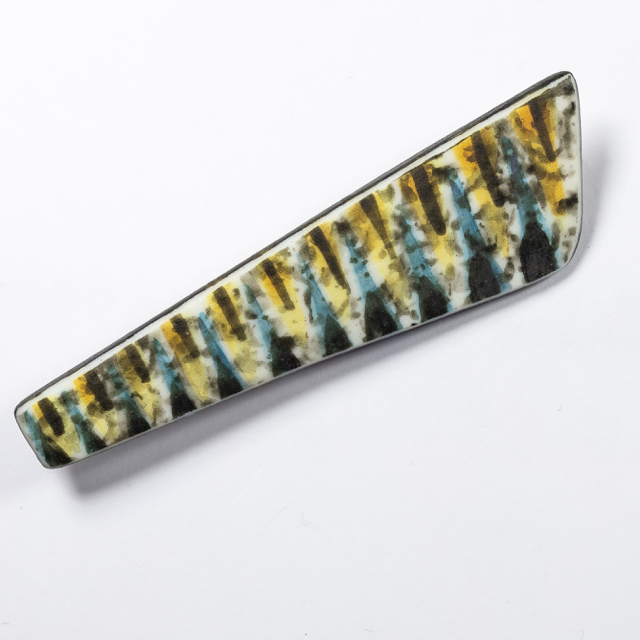 Porcelain 'Seasons' brooch with silver safety catch in brown, blue and black; 7 x 2 cm